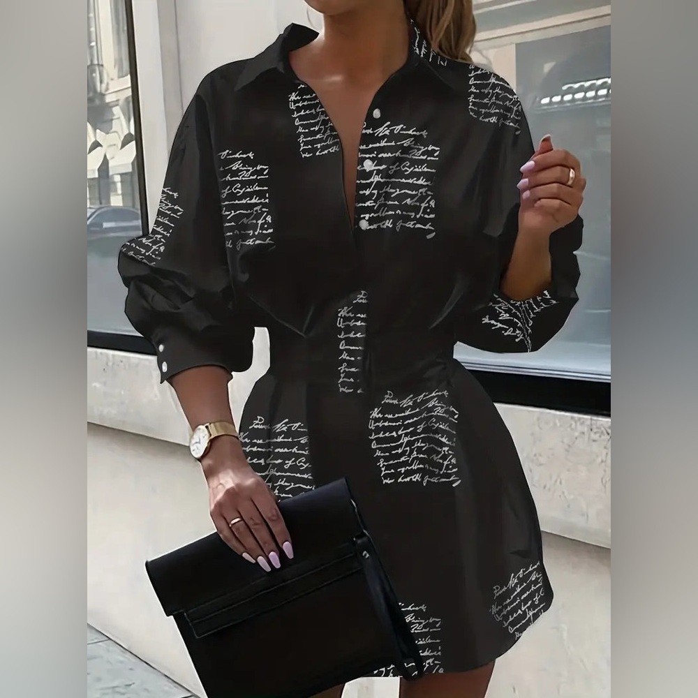 Women's Long Sleeve Letter Print Button Down Collar Mini Dress